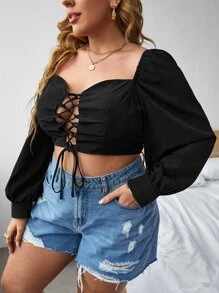Mulvari Plus Sweetheart Lace-up Front Crop Top - Black - View 4