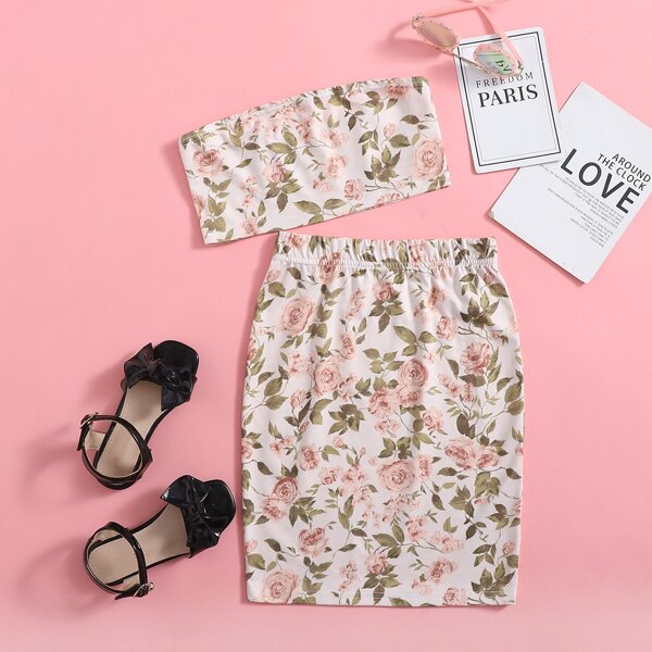 

Girls Allover Floral Print Tube Top & Skirt Set, Multicolor
