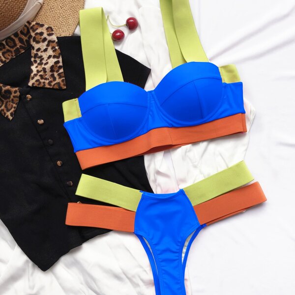 

Color Block Cut Out Push Up Bikini Swimsuit, Multicolor