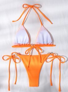 環鏈微三角丁字褲比基尼套裝 - 橘色 - 查看 2