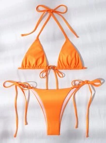 環鏈微三角丁字褲比基尼套裝 - 橘色 - 查看 3