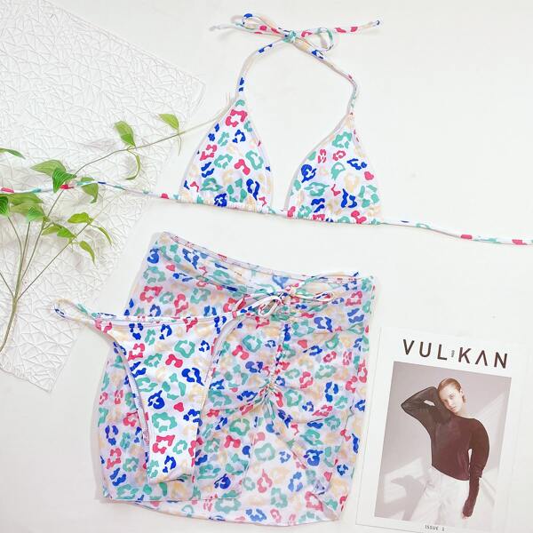 

3pack Leopard Micro Triangle Bikini Swimsuit & & Beach Skirt, Multicolor