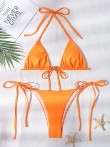 環鏈微三角丁字褲比基尼套裝 - 橘色 - 查看 6