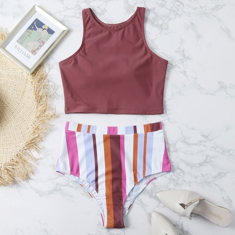 

Striped High Waisted Bikini Swimsuit, Multicolor