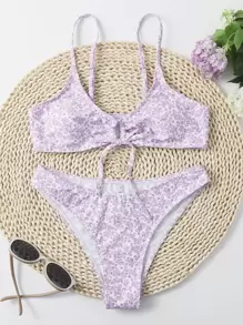 Calico Print Tie Front Bikini Set - Lilac Purple - View 1