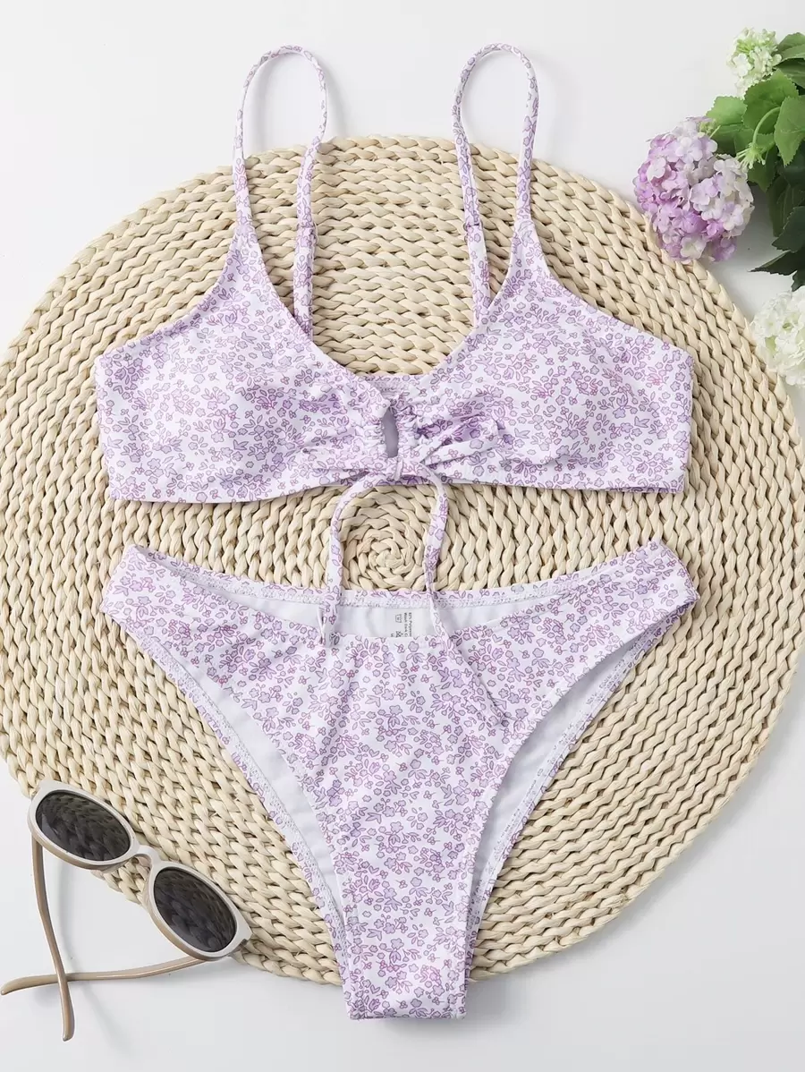 Calico Print Tie Front Bikini Set - Lilac Purple - View 1