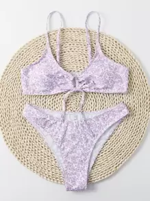 Calico Print Tie Front Bikini Set - Lilac Purple - View 3