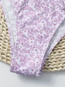 Calico Print Tie Front Bikini Set - Lilac Purple - View 5