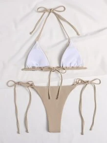 SHEIN Swim 夏日海灘環狀微三角丁字褲比基尼套裝 - 卡其色 - 查看 2