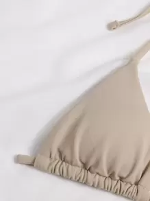 SHEIN Swim 夏日海灘環狀微三角丁字褲比基尼套裝 - 卡其色 - 查看 3