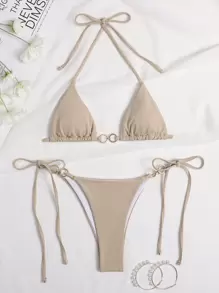 SHEIN Swim 夏日海灘環狀微三角丁字褲比基尼套裝 - 卡其色 - 查看 4