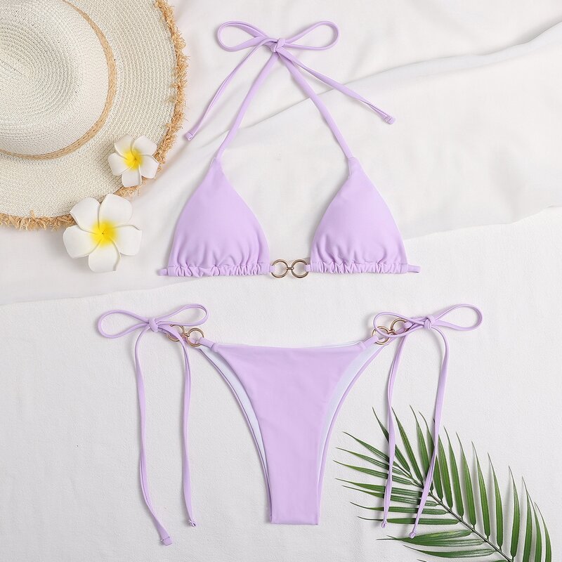 

Ring Linked Micro Triangle Thong Bikini Swimsuit, Lilac purple