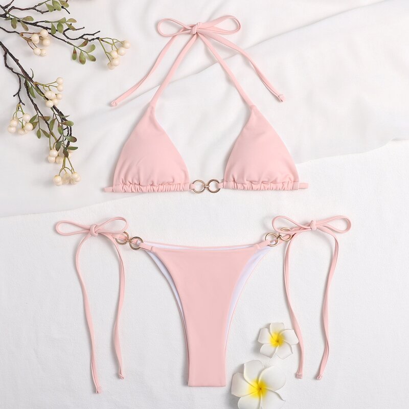 

Ring Linked Micro Triangle Thong Bikini Swimsuit, Baby pink