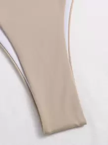 SHEIN Swim 夏日海灘環狀微三角丁字褲比基尼套裝 - 卡其色 - 查看 5