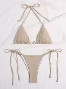 SHEIN Swim 夏日海灘環狀微三角丁字褲比基尼套裝 - 卡其色 - 查看 6