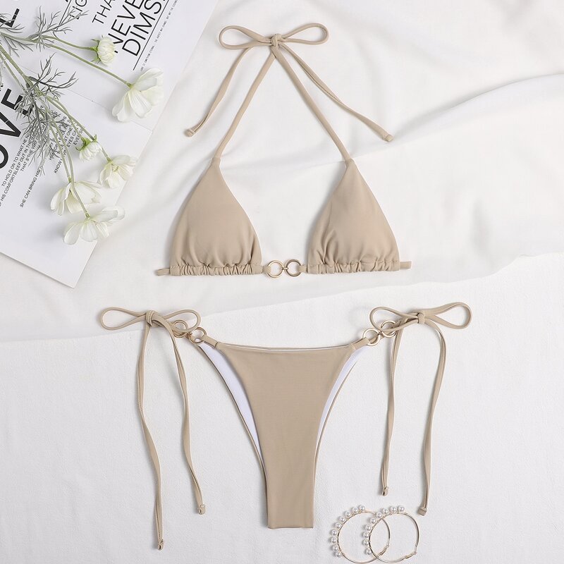 

Ring Linked Micro Triangle Thong Bikini Swimsuit, Khaki