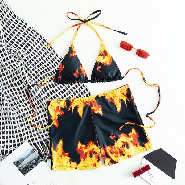 

Fire Print Micro Triangle Bikini Swimsuit, Multicolor