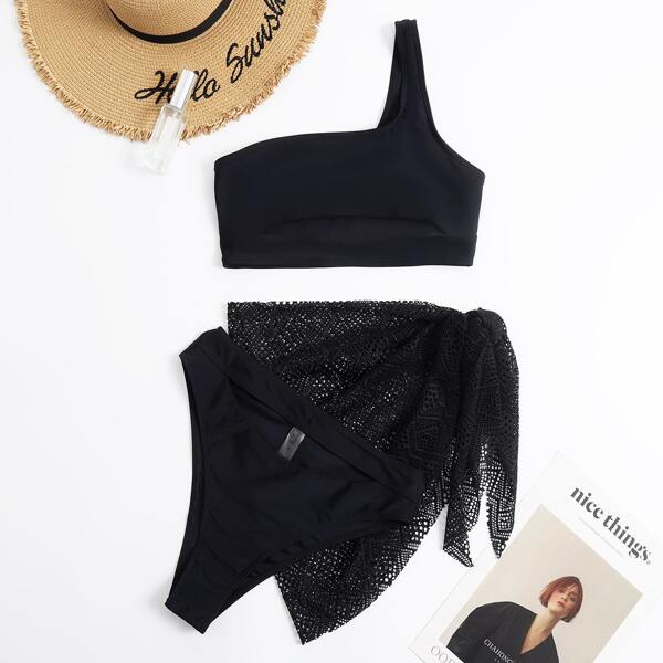 

3pack Cut-out One Shoulder Bikini Swimsuit & Beach Skirt, Black