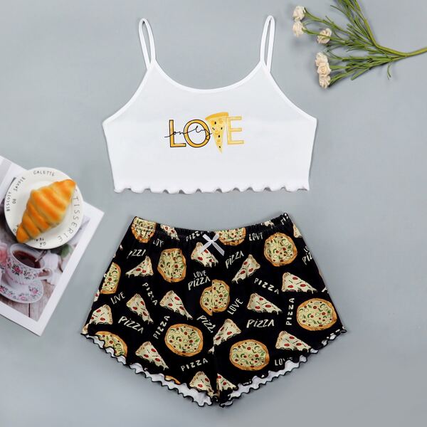 

Pizza & Slogan Graphic Lettuce Trim PJ Set, Multicolor