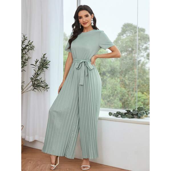 

Solid Pleated Belted Jumpsuit, Mint green
