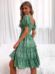 Square Neck Shirred Ruffle Hem Dress - Green - View 2