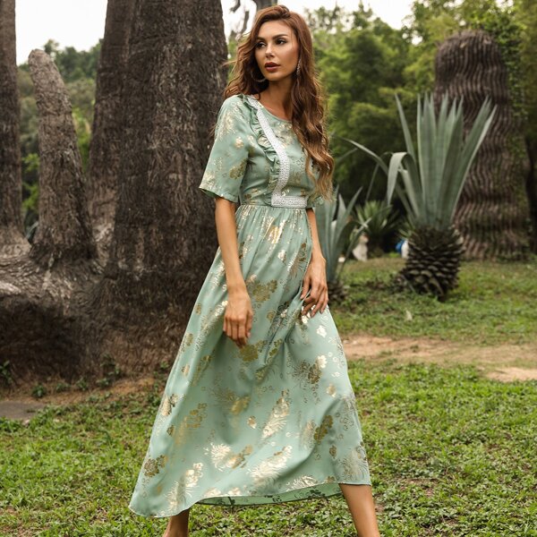 

Floral Print Contrast Lace A-line Dress, Green