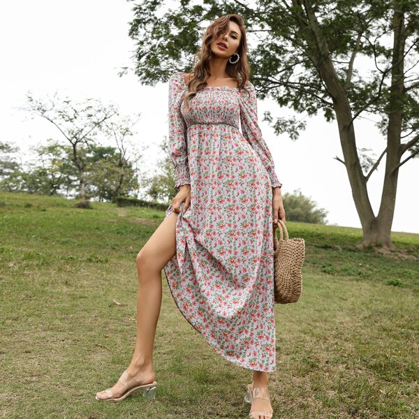 

Floral Square Neck Shirred Dress, Multicolor