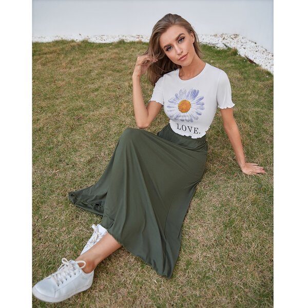 

Sunflower & Letter Graphic Tee With Skirt, Multicolor