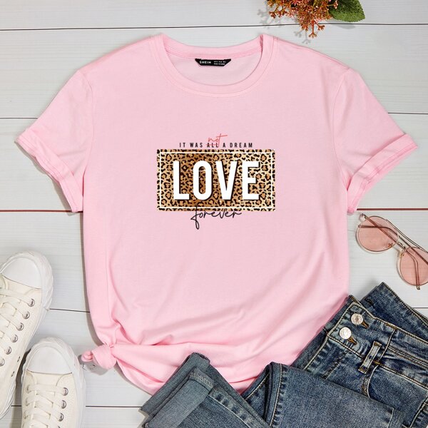 

Leopard And Letter Graphic Tee, Baby pink