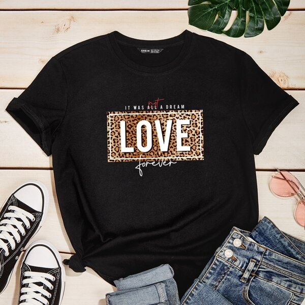 

Leopard And Letter Graphic Tee, Black