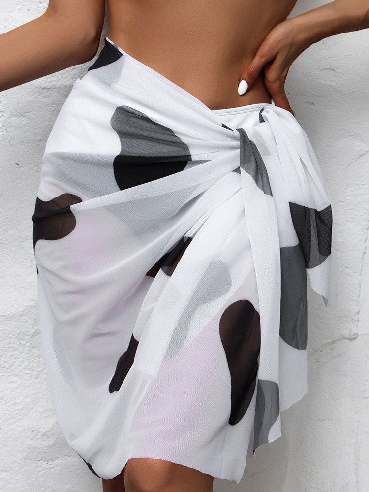 Cow Print Knot Waist Cover Up Skirt - Black and White - View 1