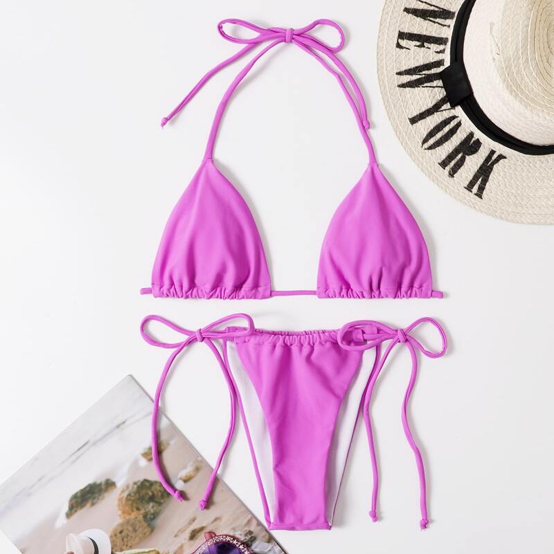 

Solid Halter Tie Side Bikini Swimsuit, Lilac purple