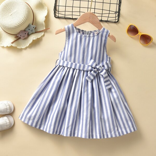 

Toddler Girls Striped Belted Dress, Blue and white
