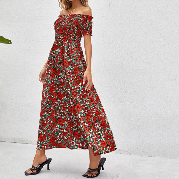 

All Over Floral Print Off The Shoulder A-line Dress, Multicolor