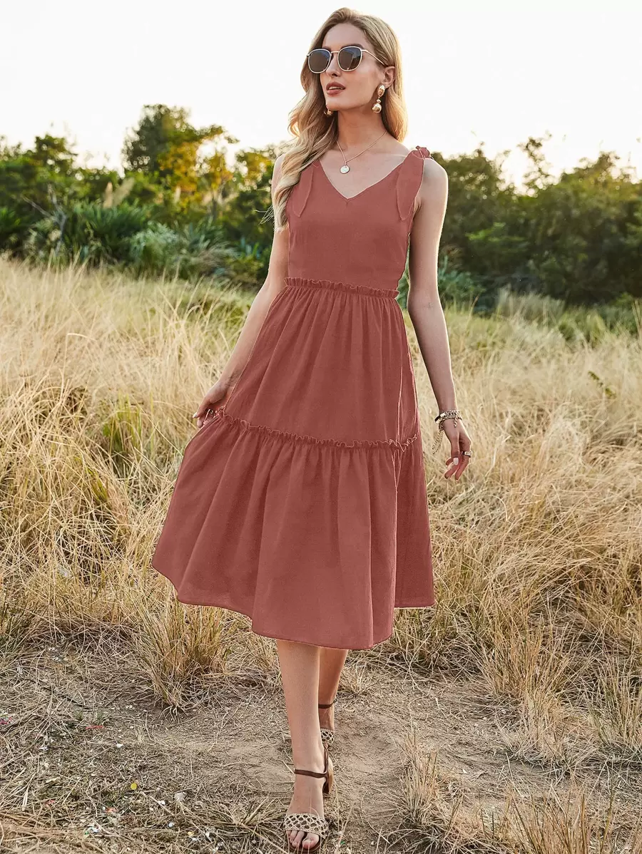 SHEIN Unity Đầm Thắt nút màu trơn Giải trí - Gỗ đỏ - Xem 1