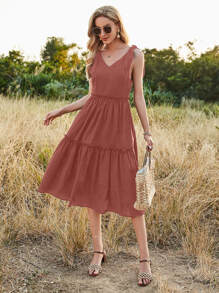 SHEIN Unity Đầm Thắt nút màu trơn Giải trí - Gỗ đỏ - Xem 3