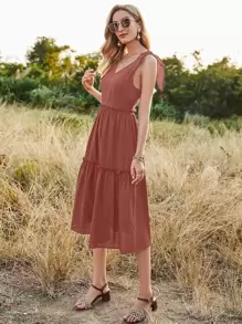 SHEIN Unity Đầm Thắt nút màu trơn Giải trí - Gỗ đỏ - Xem 4