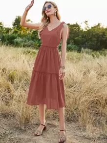 SHEIN Unity Đầm Thắt nút màu trơn Giải trí - Gỗ đỏ - Xem 5