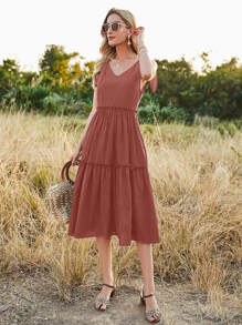 SHEIN Unity Đầm Thắt nút màu trơn Giải trí - Gỗ đỏ - Xem 6