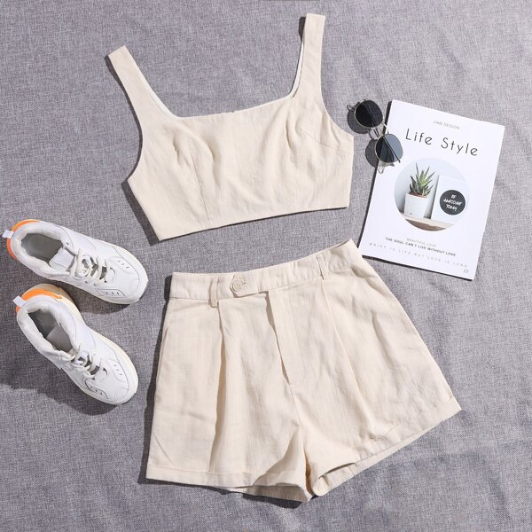 

Solid Crop Tank Top & Rolled Hem Shorts Set, Beige