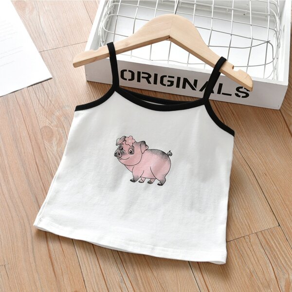 

Toddler Girls Pig Print Contrast Binding Cami Top, White