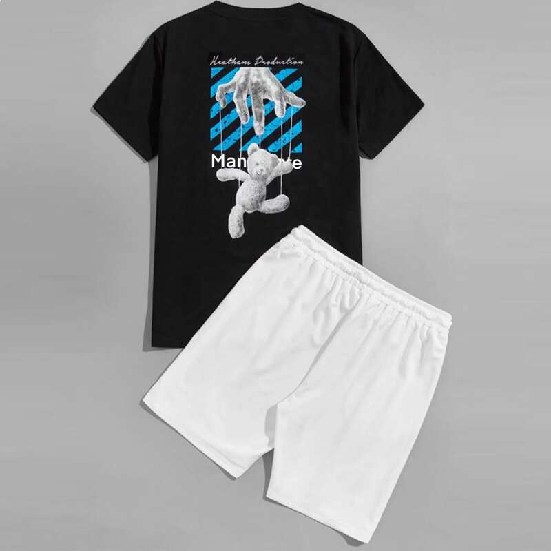 

Guys Letter Graphic Tee With Drawstring Waist Track Shorts, Black and white