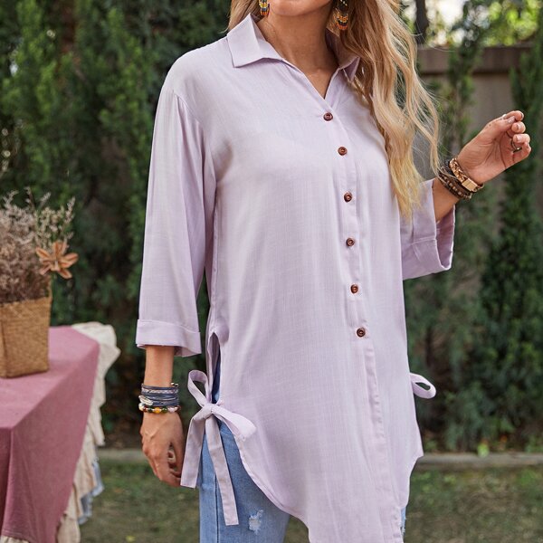 

Knot Side Curved Hem Longline Blouse, Mauve purple