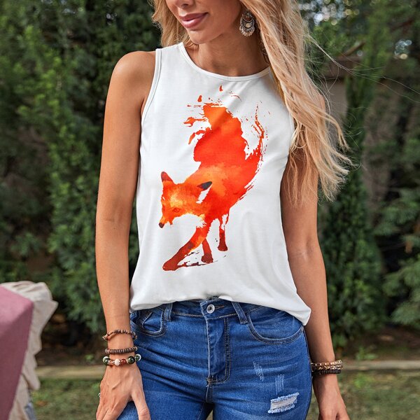 

Fox Print Crew Neck Tank Top, White