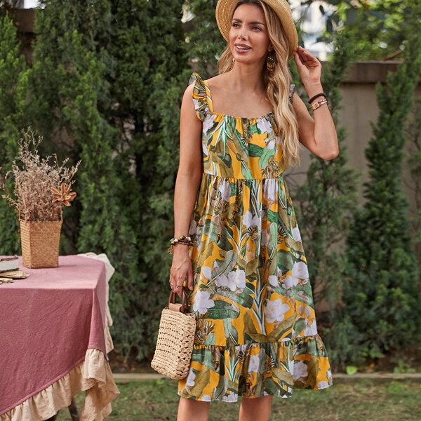 

Tropical Print Ruffle Trim Dress, Multicolor