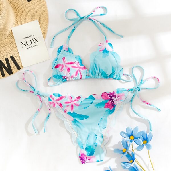 

Floral Scallop Trim Micro Triangle Bikini Swimsuit, Multicolor