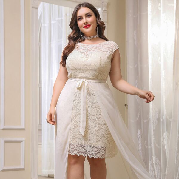 

Plus Lace Solid Dress With Tie Front Wrap Skirt, Beige