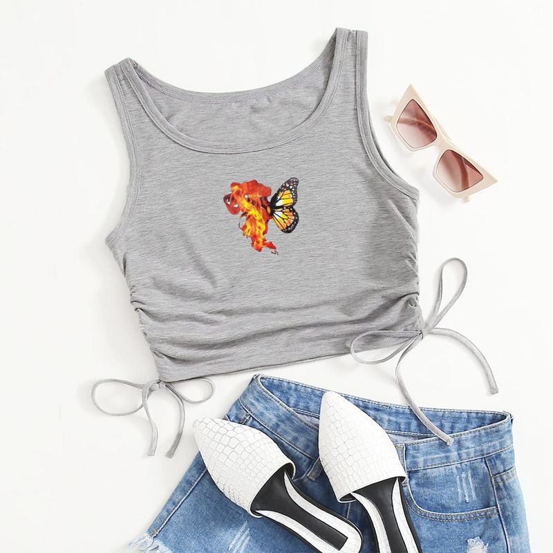 

Butterfly And Fire Print Drawstring Side Crop Tank Top, Light grey