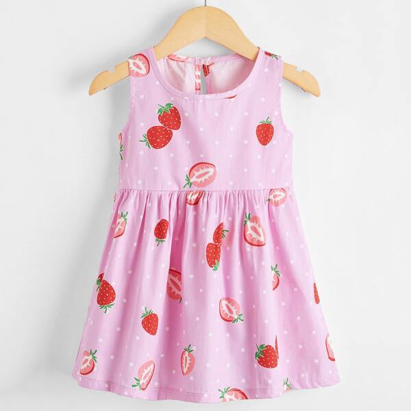 

Toddler Girls Strawberry And Polka Dot Print Babydoll Dress, Baby pink