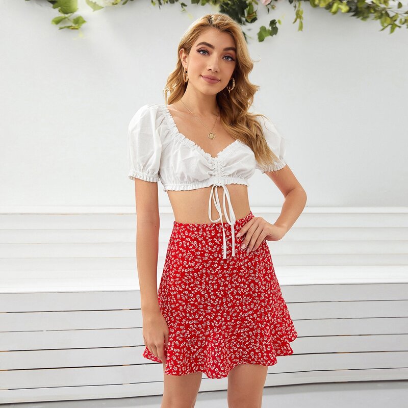 

Frill Edge Drawstring Ruched Front Crop Top & Ditsy Floral Skirt Set, Red and white